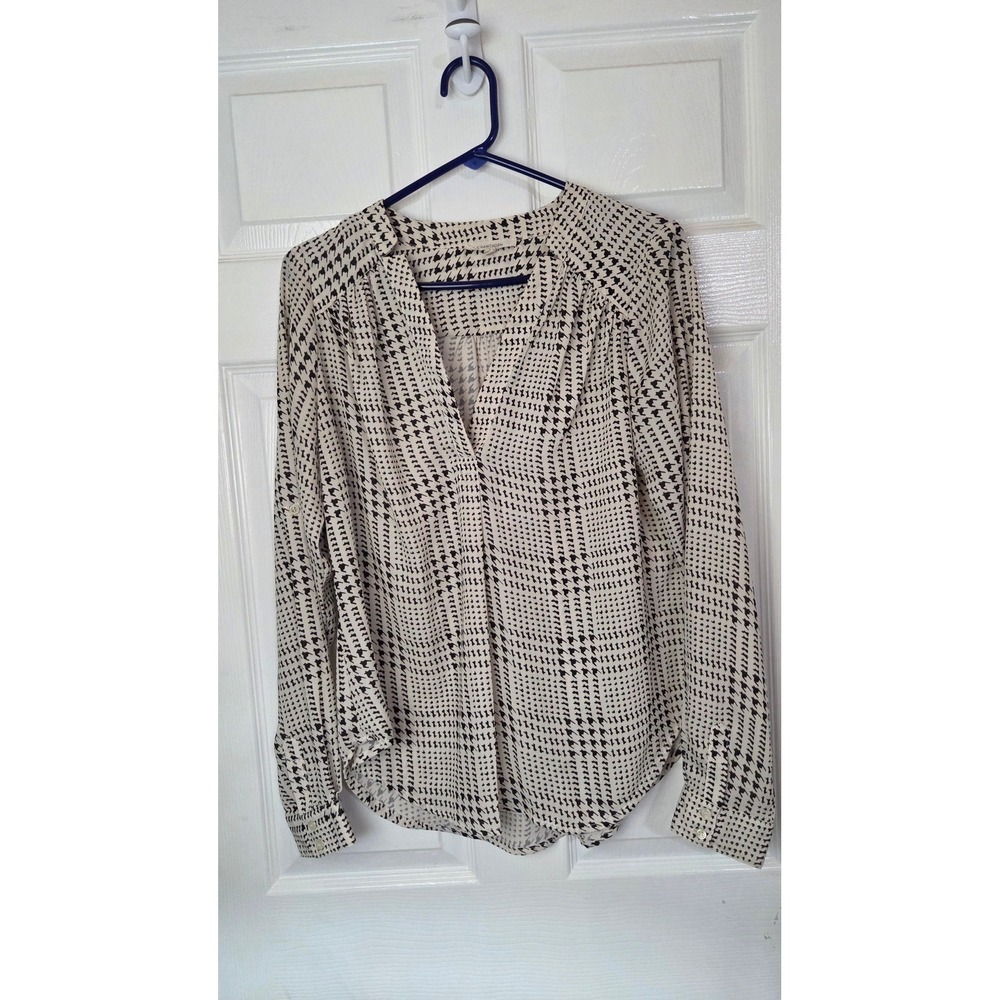 41 Hawthorn Womens Houndstooth Print V-Neck Roll Tab Sleeve Blouse Cream Black L